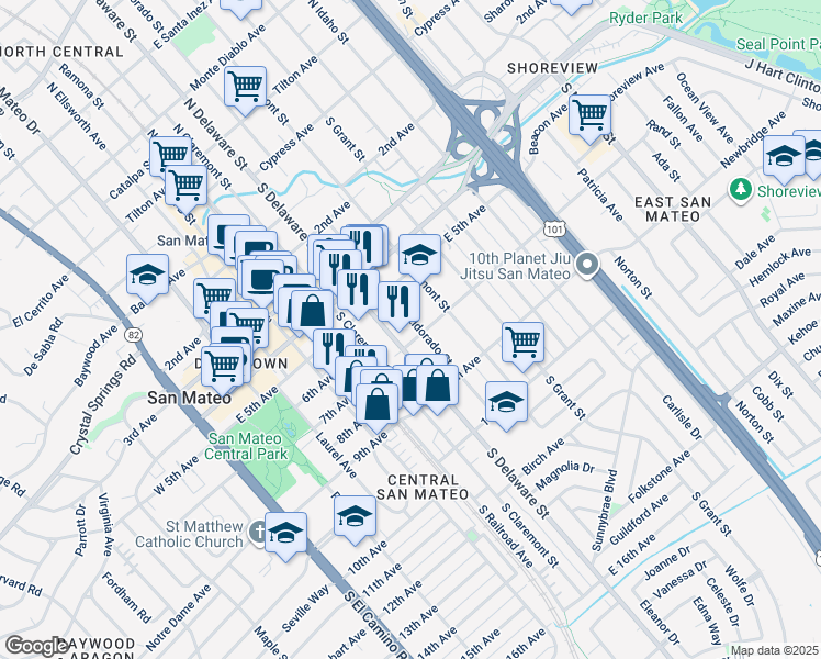 map of restaurants, bars, coffee shops, grocery stores, and more near 617 South Delaware Street in San Mateo