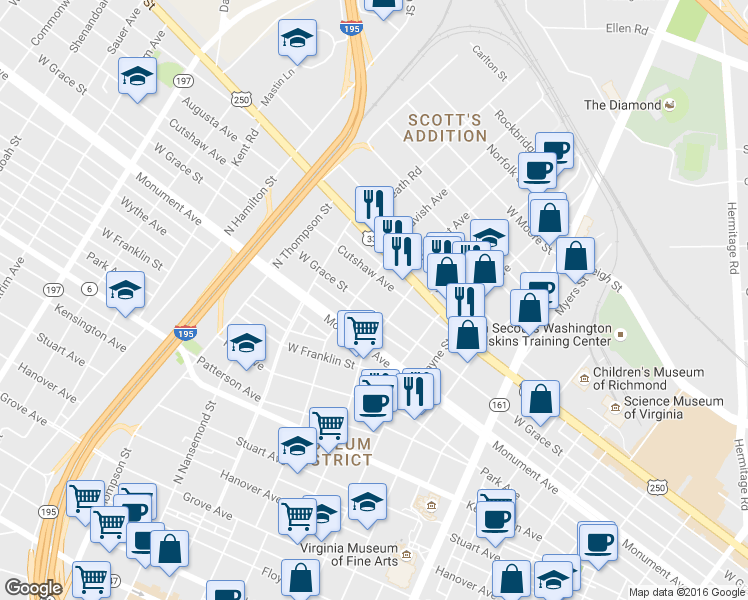 map of restaurants, bars, coffee shops, grocery stores, and more near 3215 Monument Avenue West in Richmond