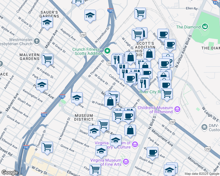 map of restaurants, bars, coffee shops, grocery stores, and more near 3215 Monument Avenue West in Richmond