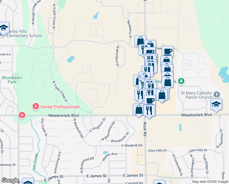 map of restaurants, bars, coffee shops, grocery stores, and more near 1910 North Newberry Street in Derby