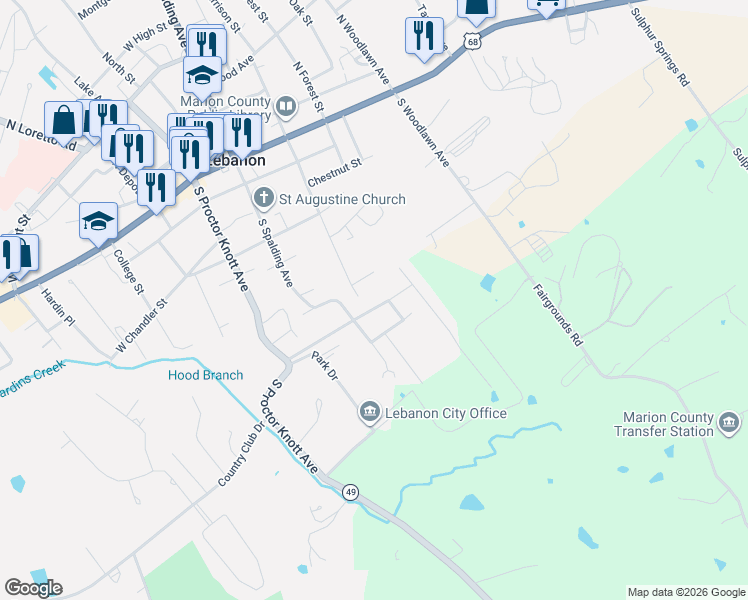 map of restaurants, bars, coffee shops, grocery stores, and more near 100-118 East Highland Drive in Lebanon