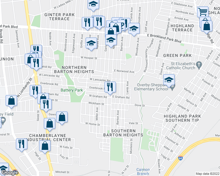 map of restaurants, bars, coffee shops, grocery stores, and more near 2500 North Avenue in Richmond