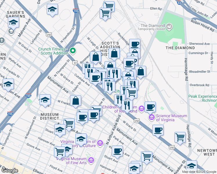 map of restaurants, bars, coffee shops, grocery stores, and more near 2930 West Broad Street in Richmond