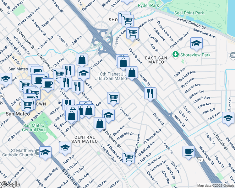 map of restaurants, bars, coffee shops, grocery stores, and more near 918 South Humboldt Street in San Mateo
