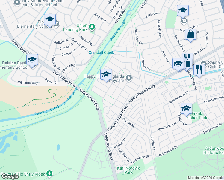 map of restaurants, bars, coffee shops, grocery stores, and more near 5331 Cowboy Court in Fremont