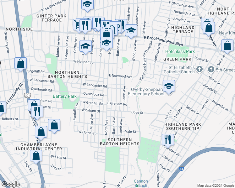 map of restaurants, bars, coffee shops, grocery stores, and more near 2415 Barton Avenue in Richmond