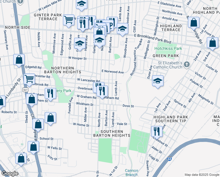 map of restaurants, bars, coffee shops, grocery stores, and more near 2415 Barton Avenue in Richmond