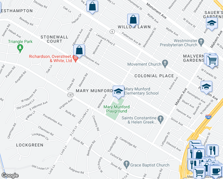 map of restaurants, bars, coffee shops, grocery stores, and more near 41 Willway Avenue in Richmond