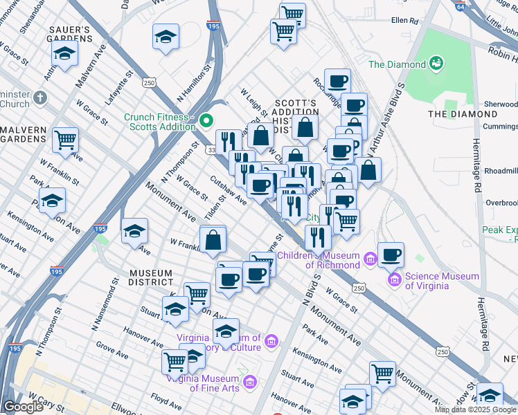 map of restaurants, bars, coffee shops, grocery stores, and more near 3022 West Broad Street in Richmond
