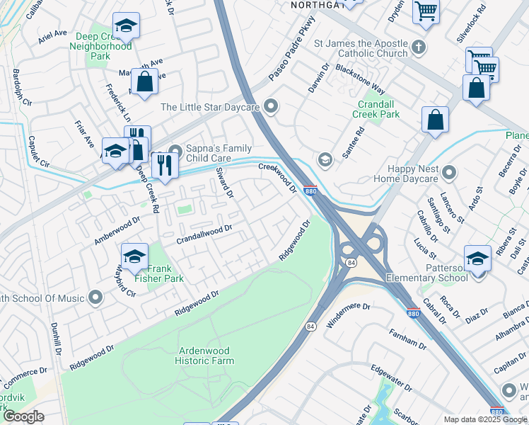 map of restaurants, bars, coffee shops, grocery stores, and more near 4811 Mendocino Terrace in Fremont