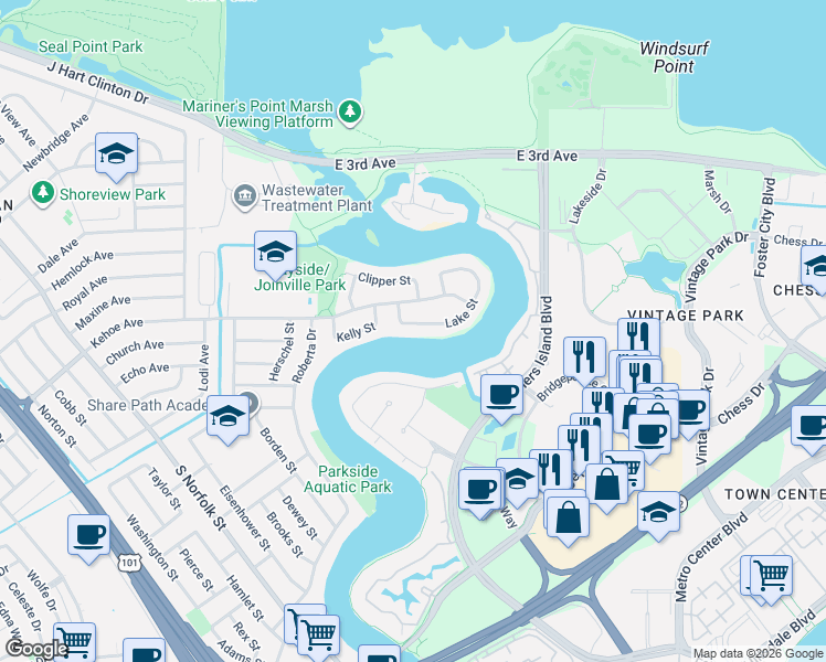 map of restaurants, bars, coffee shops, grocery stores, and more near 1725 Lake Street in San Mateo