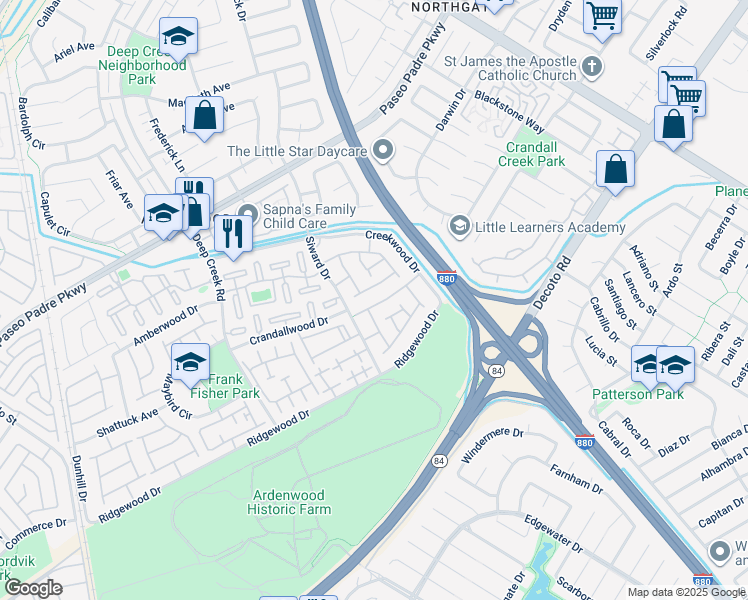 map of restaurants, bars, coffee shops, grocery stores, and more near 4811 Mendocino Terrace in Fremont