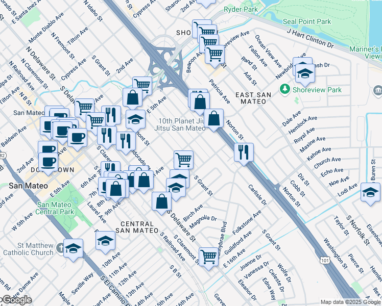 map of restaurants, bars, coffee shops, grocery stores, and more near 918 South Humboldt Street in San Mateo