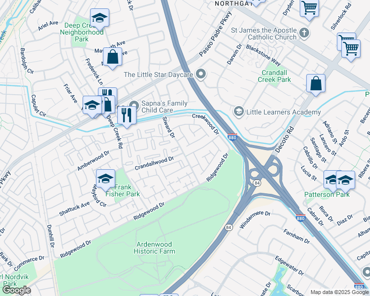 map of restaurants, bars, coffee shops, grocery stores, and more near 34714 Siward Drive in Fremont