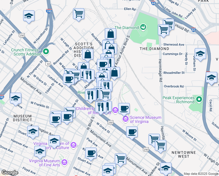 map of restaurants, bars, coffee shops, grocery stores, and more near 947 Myers Street in Richmond