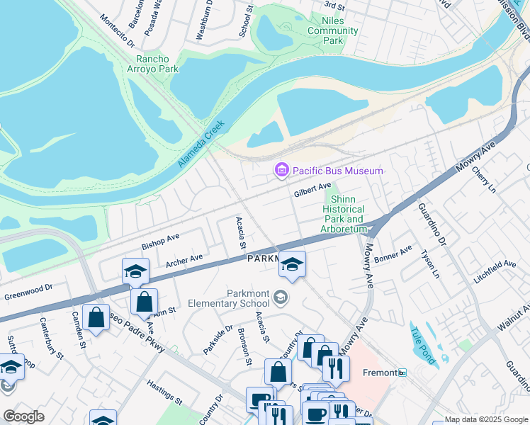 map of restaurants, bars, coffee shops, grocery stores, and more near 1554 Gilbert Place in Fremont