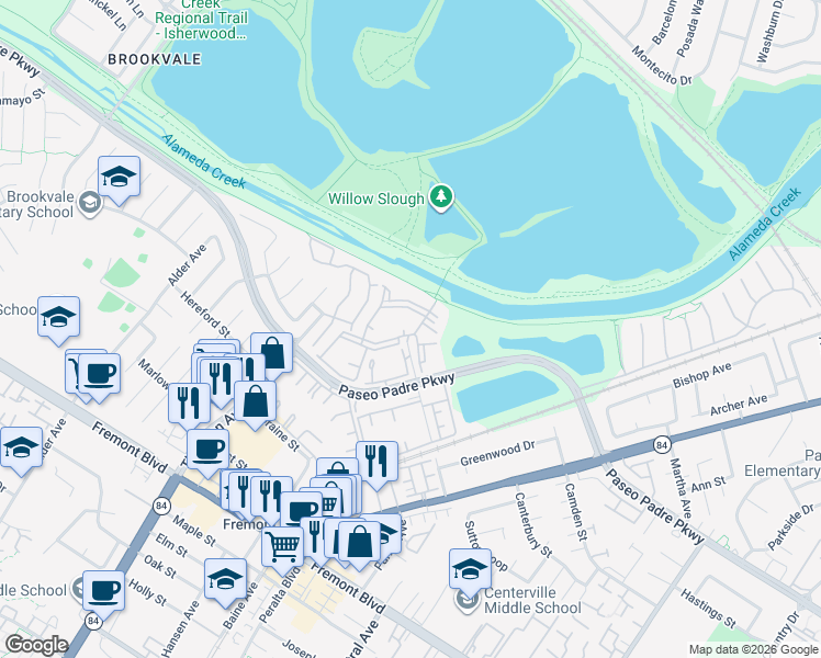 map of restaurants, bars, coffee shops, grocery stores, and more near 2999 Sequoia Terrace in Fremont