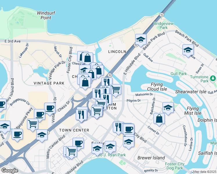 map of restaurants, bars, coffee shops, grocery stores, and more near 1 Plaza View Lane in Foster City