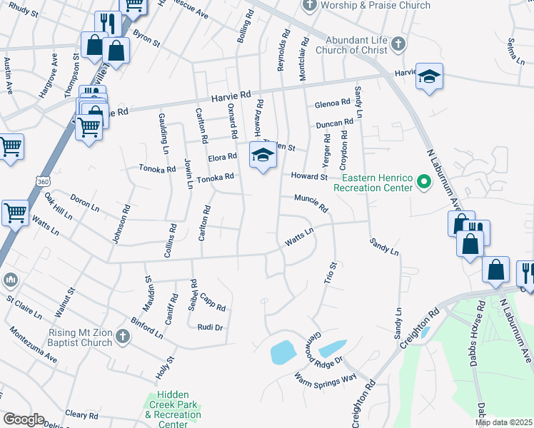 map of restaurants, bars, coffee shops, grocery stores, and more near 3110 Reynolds Road in Richmond