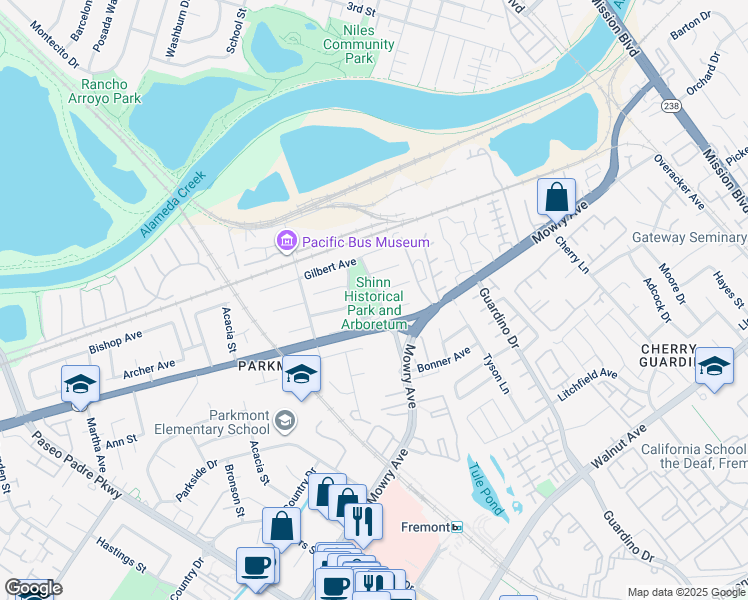 map of restaurants, bars, coffee shops, grocery stores, and more near 1251 Peralta Boulevard in Fremont