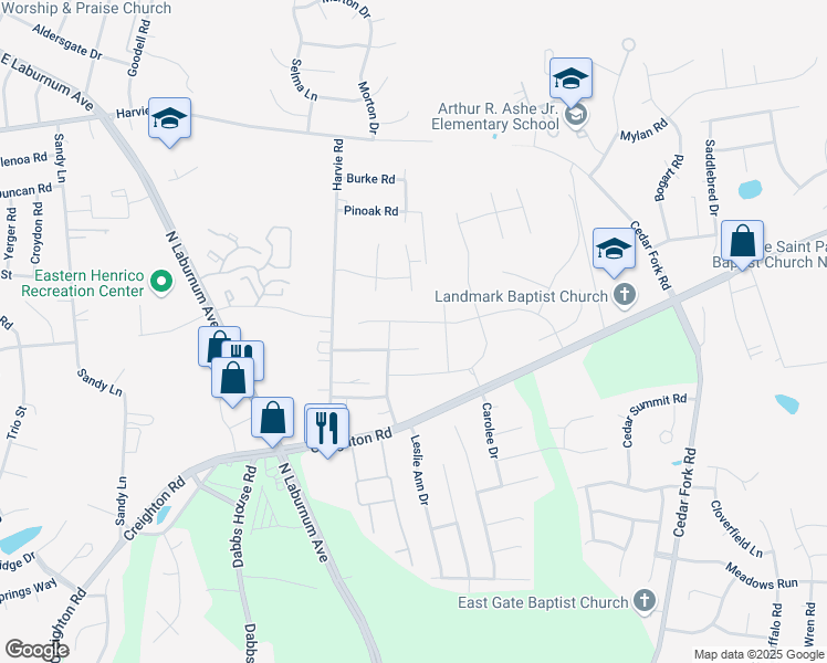 map of restaurants, bars, coffee shops, grocery stores, and more near 1513 Harvest Crest Place in Richmond