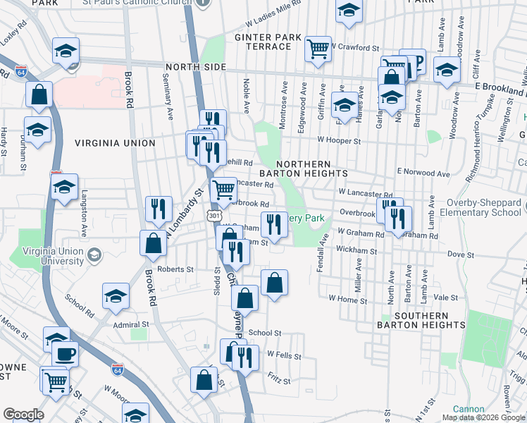 map of restaurants, bars, coffee shops, grocery stores, and more near 604 West Graham Road in Richmond