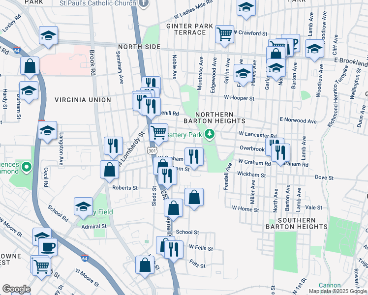 map of restaurants, bars, coffee shops, grocery stores, and more near 622 West Graham Road in Richmond