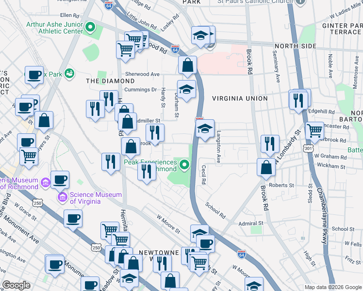 map of restaurants, bars, coffee shops, grocery stores, and more near 1401 Overbrook Rd in Richmond