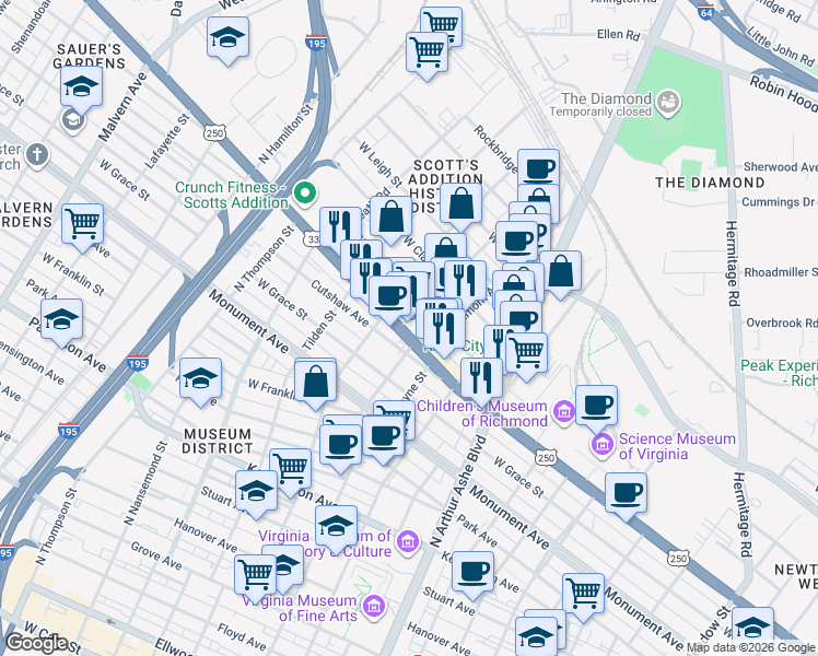 map of restaurants, bars, coffee shops, grocery stores, and more near 3022 West Broad Street in Richmond