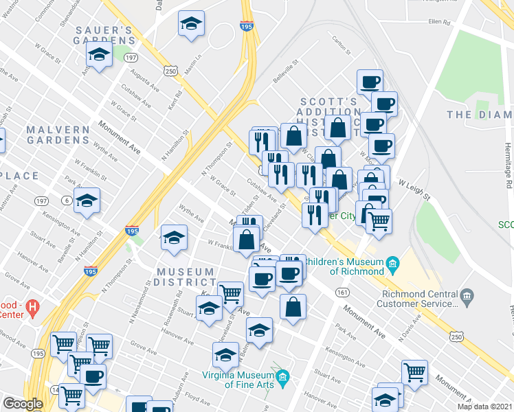 map of restaurants, bars, coffee shops, grocery stores, and more near 3215 Monument Avenue West in Richmond
