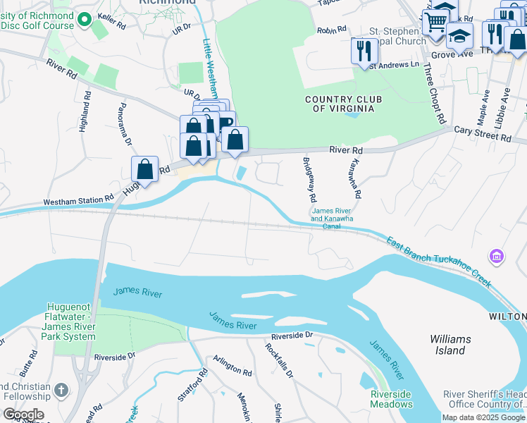 map of restaurants, bars, coffee shops, grocery stores, and more near 5999 River Road in Richmond