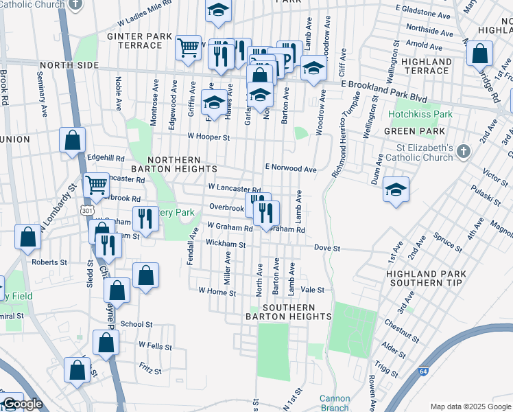 map of restaurants, bars, coffee shops, grocery stores, and more near 2502 North Avenue in Richmond