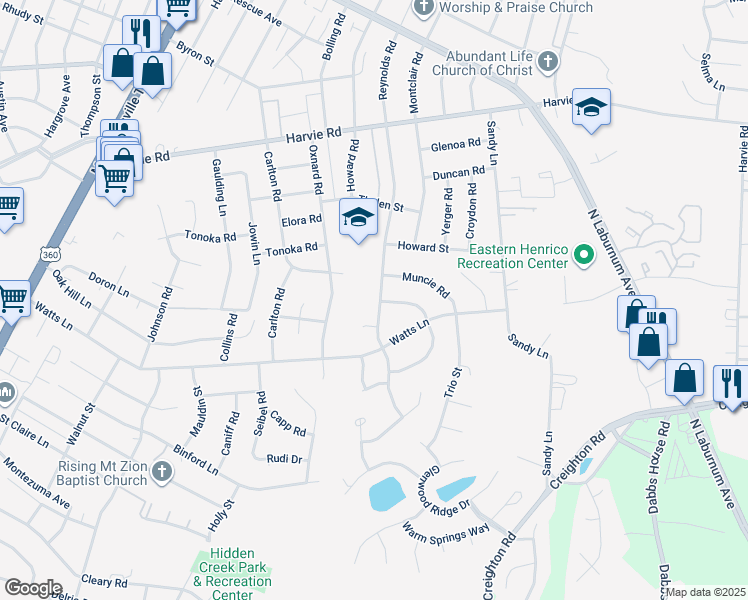 map of restaurants, bars, coffee shops, grocery stores, and more near 3110 Reynolds Road in Richmond