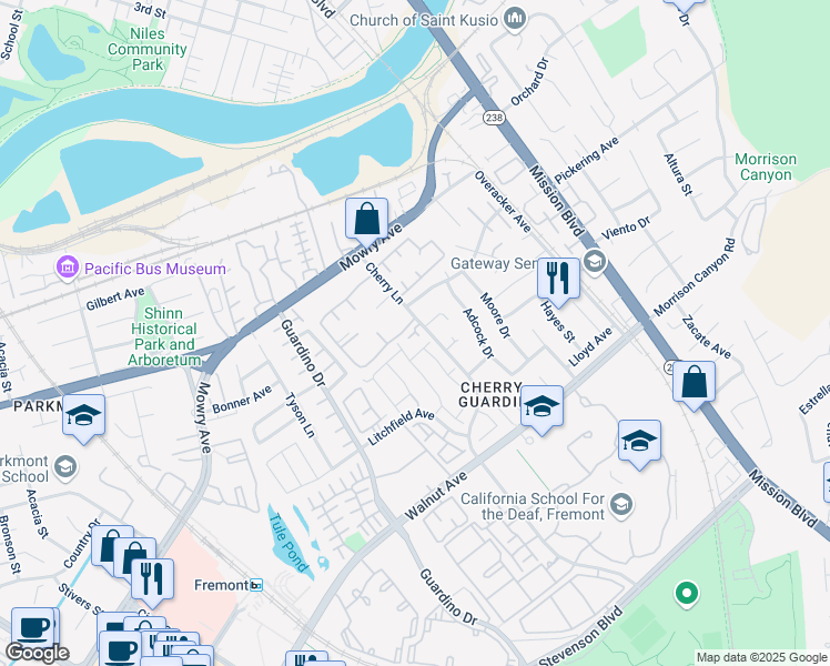 map of restaurants, bars, coffee shops, grocery stores, and more near 682 Ridgeview Terrace in Fremont