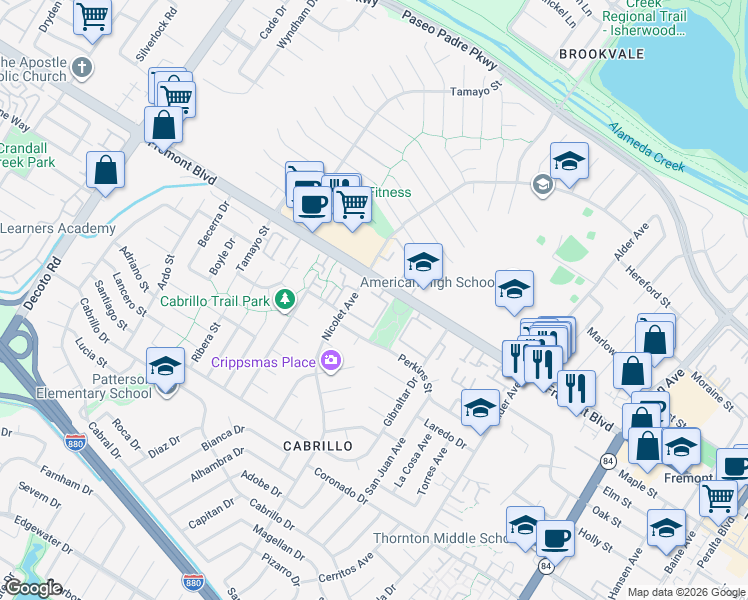 map of restaurants, bars, coffee shops, grocery stores, and more near 35995 Fremont Boulevard in Fremont