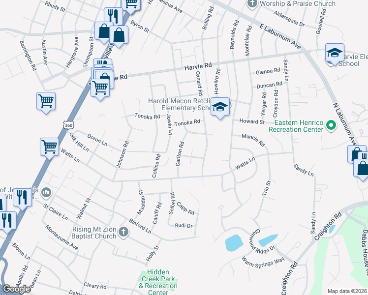 map of restaurants, bars, coffee shops, grocery stores, and more near 3006 Grambling Court South in Richmond