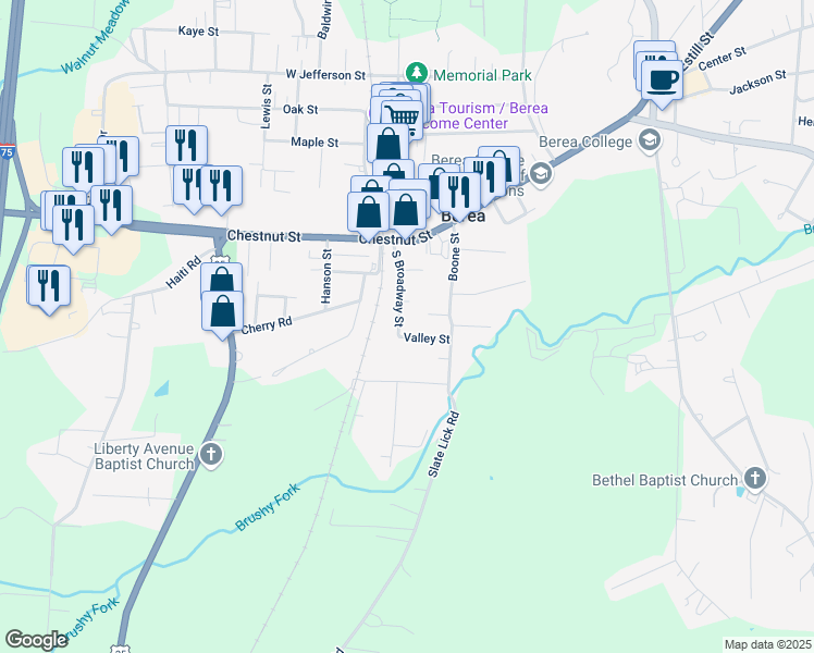 map of restaurants, bars, coffee shops, grocery stores, and more near 109 Valley Street in Berea