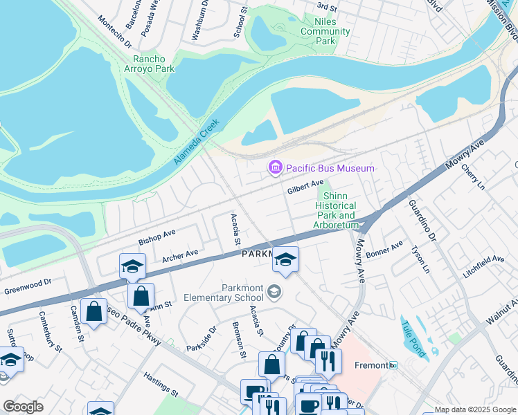 map of restaurants, bars, coffee shops, grocery stores, and more near 1554 Gilbert Place in Fremont