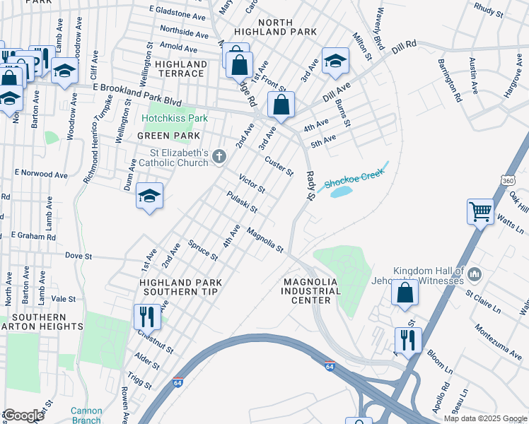 map of restaurants, bars, coffee shops, grocery stores, and more near 1518 Pulaski Street in Richmond