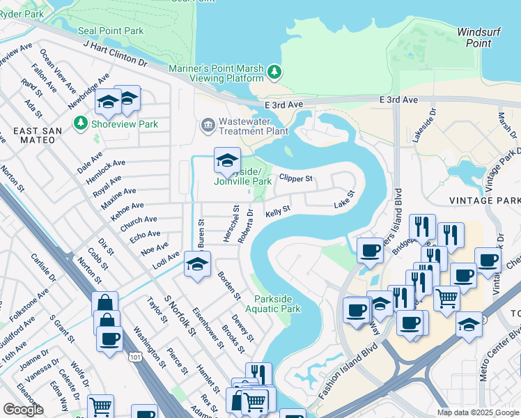 map of restaurants, bars, coffee shops, grocery stores, and more near 1705 Kelly Street in San Mateo