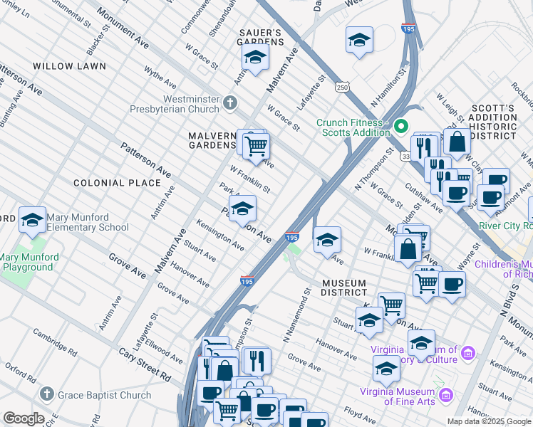 map of restaurants, bars, coffee shops, grocery stores, and more near Park Avenue in Richmond