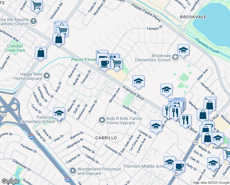 map of restaurants, bars, coffee shops, grocery stores, and more near 4071 Nicolet Avenue in Fremont