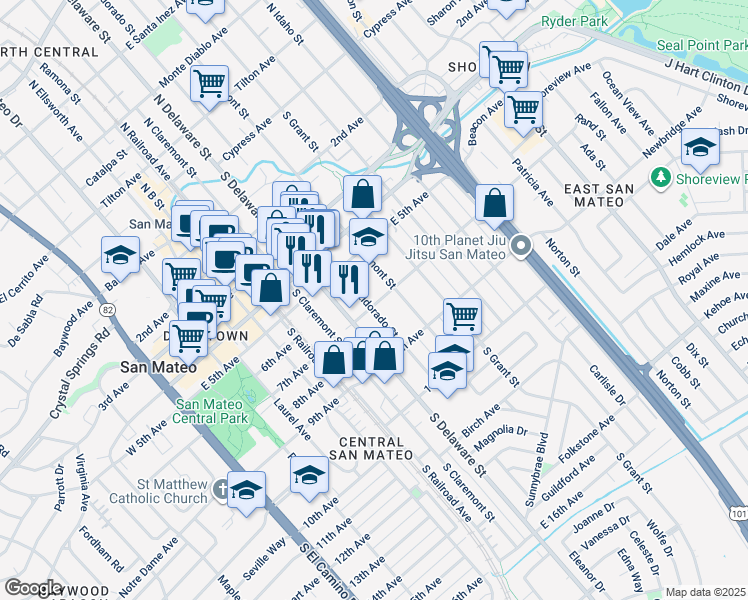 map of restaurants, bars, coffee shops, grocery stores, and more near 627 South Eldorado Street in San Mateo