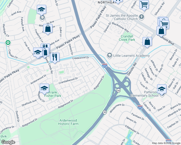 map of restaurants, bars, coffee shops, grocery stores, and more near 4768 Woodduck Common in Fremont