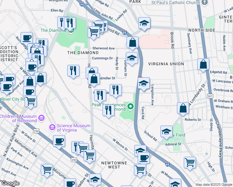 map of restaurants, bars, coffee shops, grocery stores, and more near 1603 Rhoadmiller St in Richmond