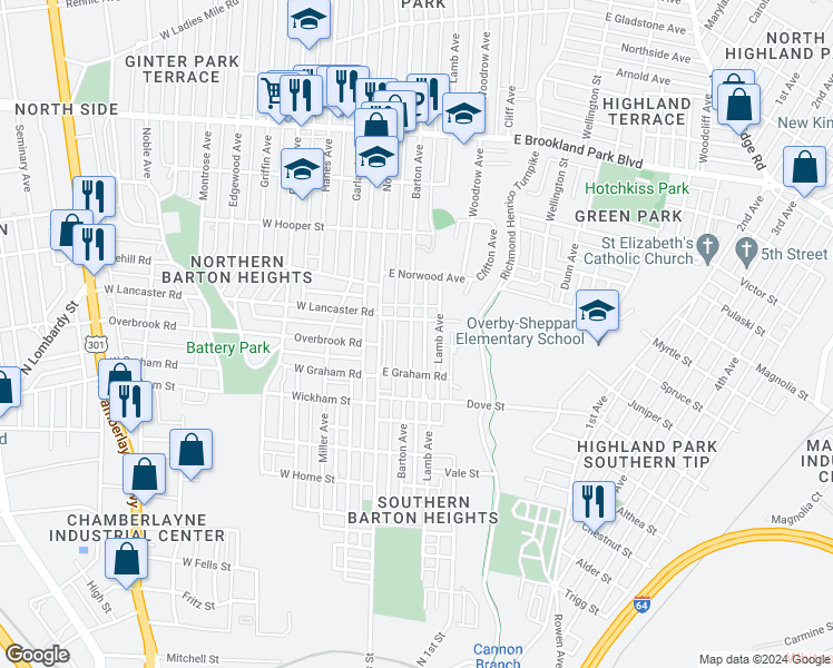 map of restaurants, bars, coffee shops, grocery stores, and more near 2417 Barton Avenue in Richmond