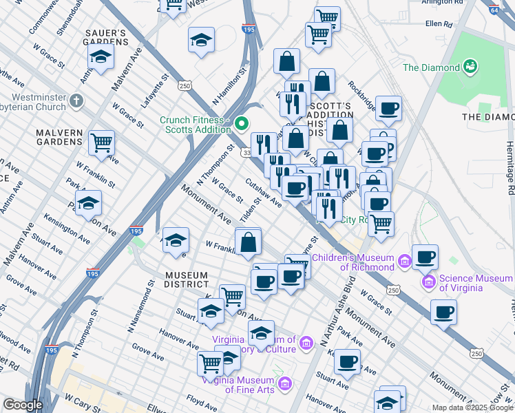 map of restaurants, bars, coffee shops, grocery stores, and more near 3307 Cutshaw Avenue in Richmond