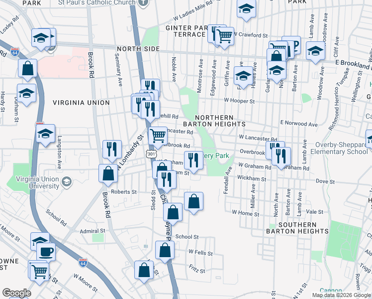 map of restaurants, bars, coffee shops, grocery stores, and more near 608 Overbrook Road in Richmond