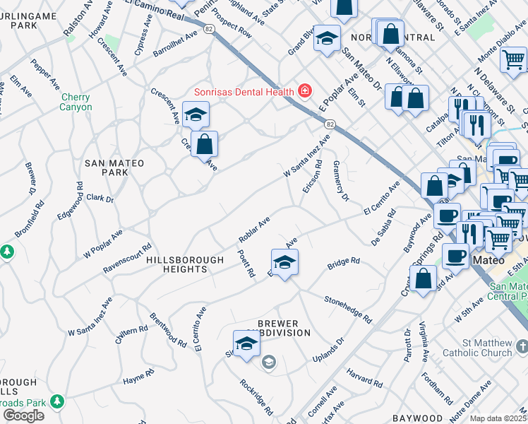 map of restaurants, bars, coffee shops, grocery stores, and more near 244 Roblar Avenue in Hillsborough