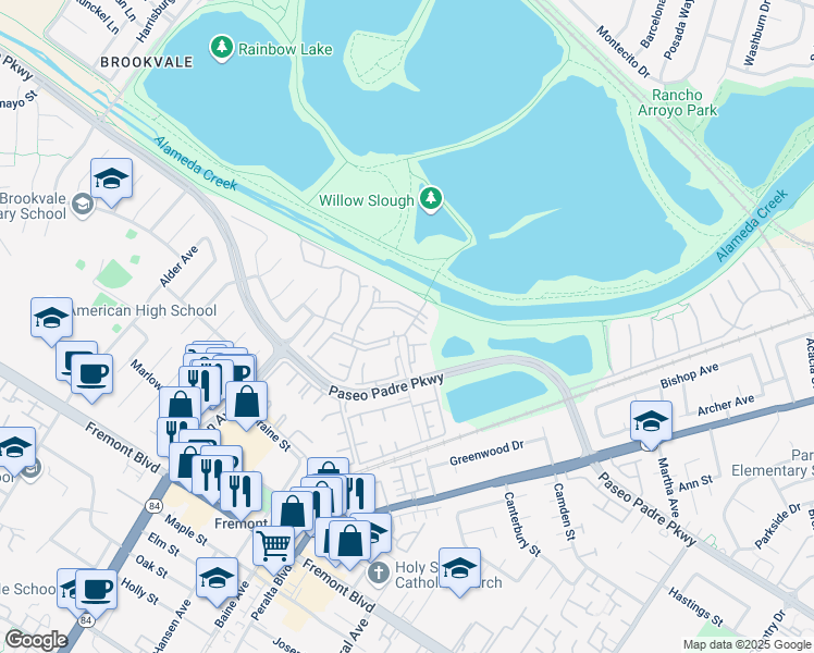 map of restaurants, bars, coffee shops, grocery stores, and more near 37167 Panton Terrace in Fremont